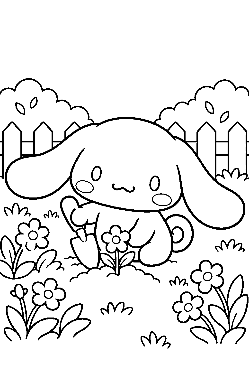 cinnamoroll planting flowers in a spring garden line art