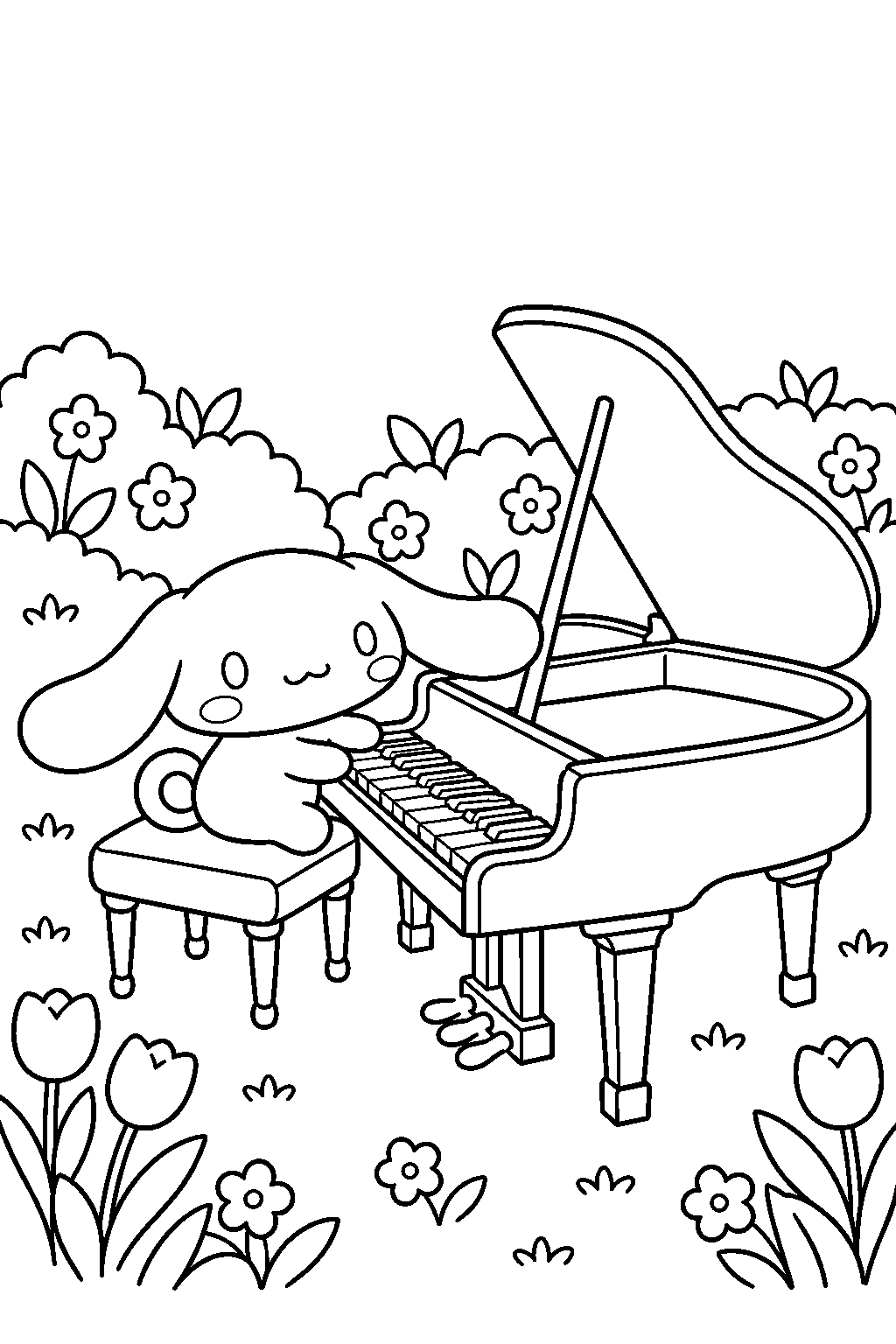 cinnamoroll playing the piano in a flower garden line art