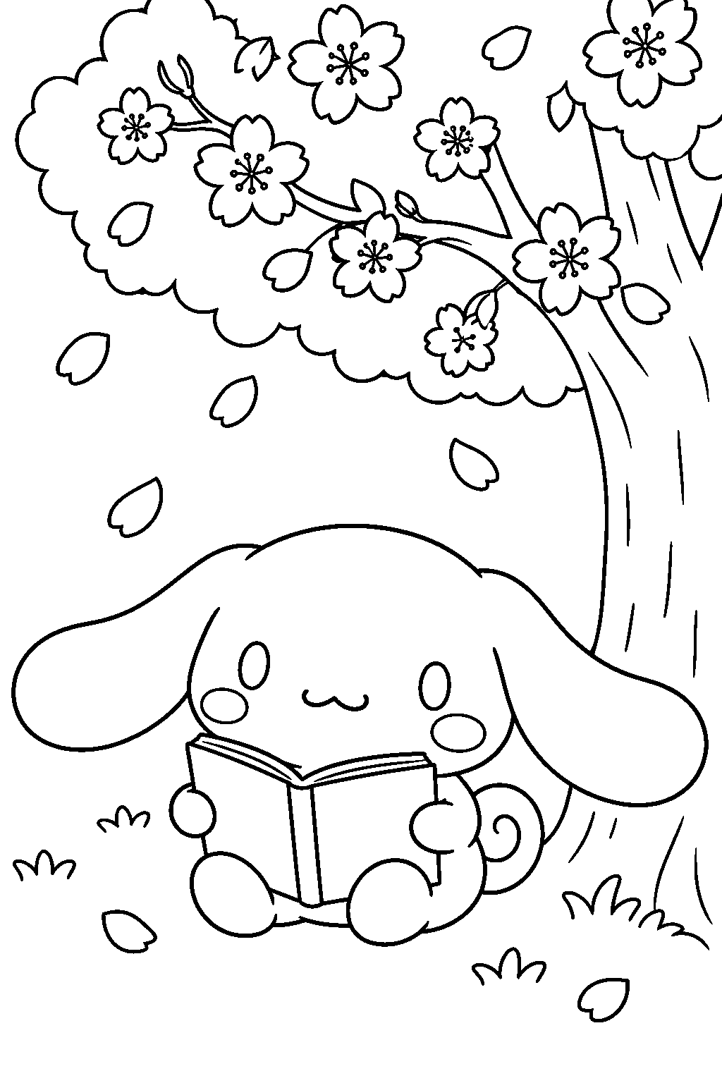 cinnamoroll reading a storybook under a cherry blossom tree line art