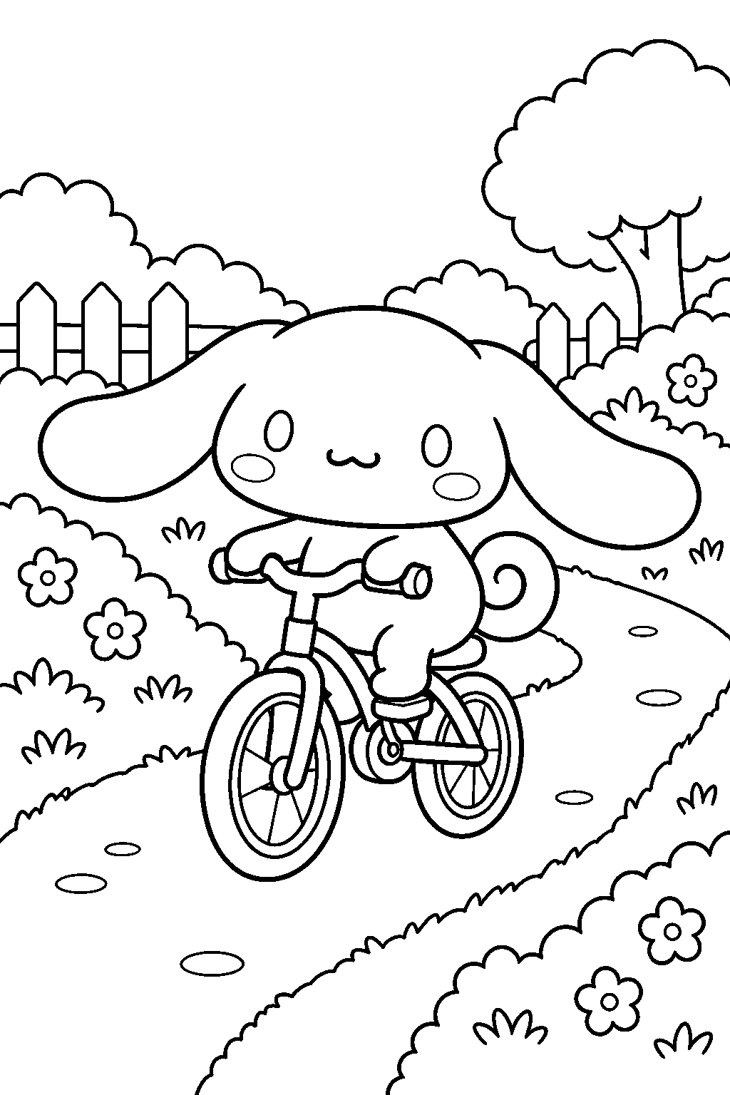 cinnamoroll riding a bicycle along a garden path line art