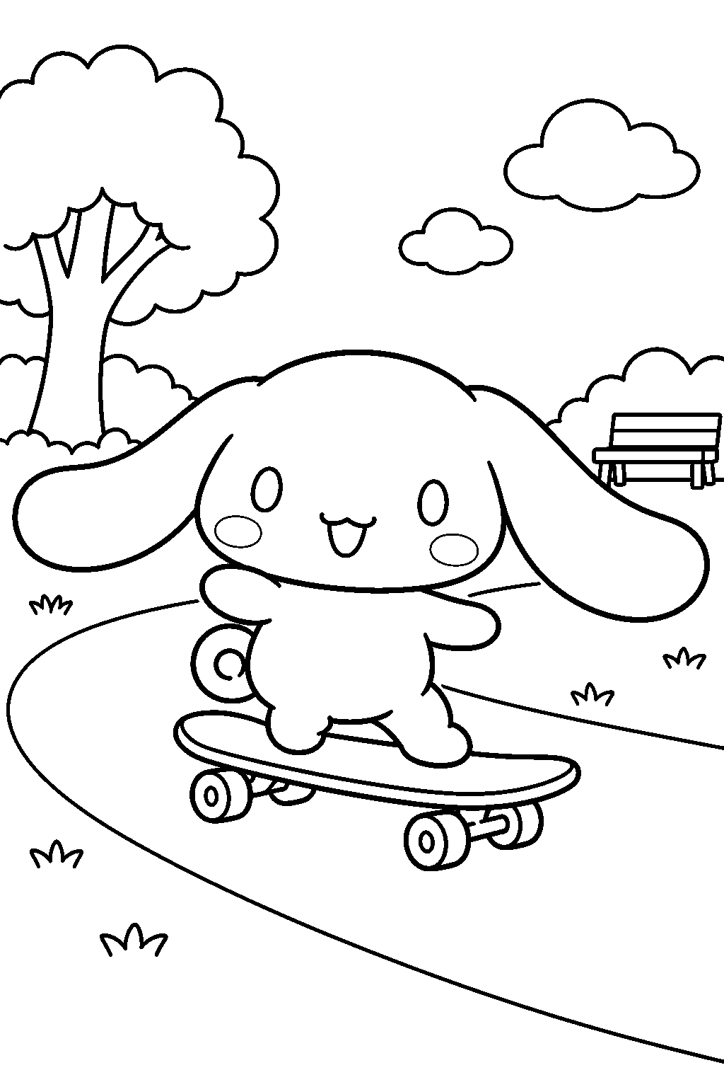 cinnamoroll riding a skateboard through a park line art