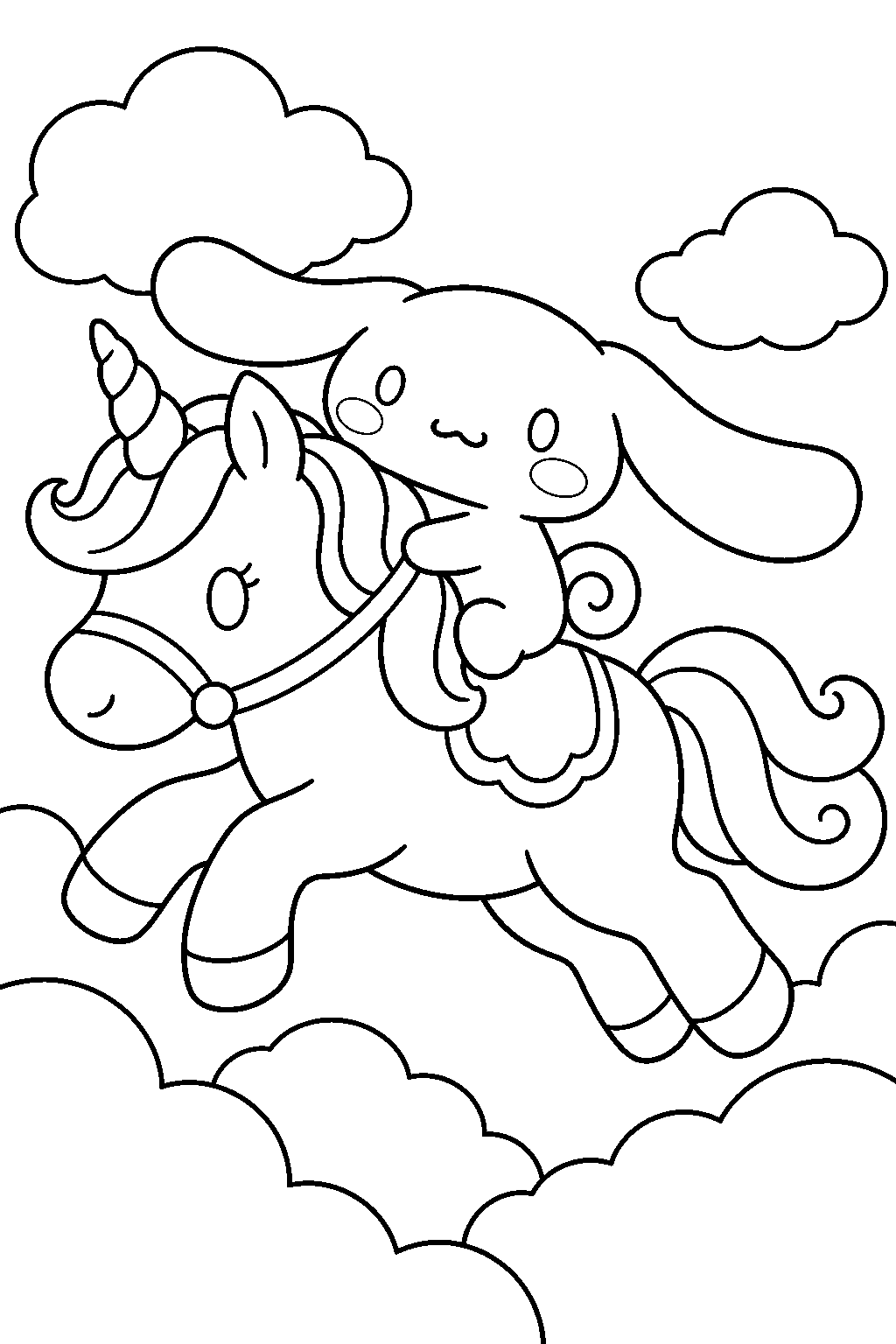 cinnamoroll riding a unicorn through the clouds line art