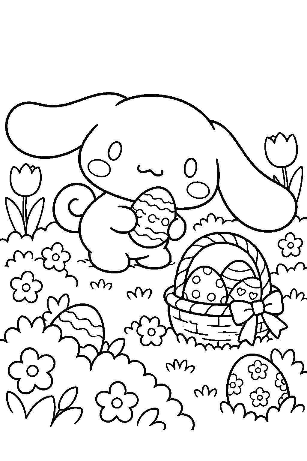 cinnamoroll searching for easter eggs in a flower garden line art