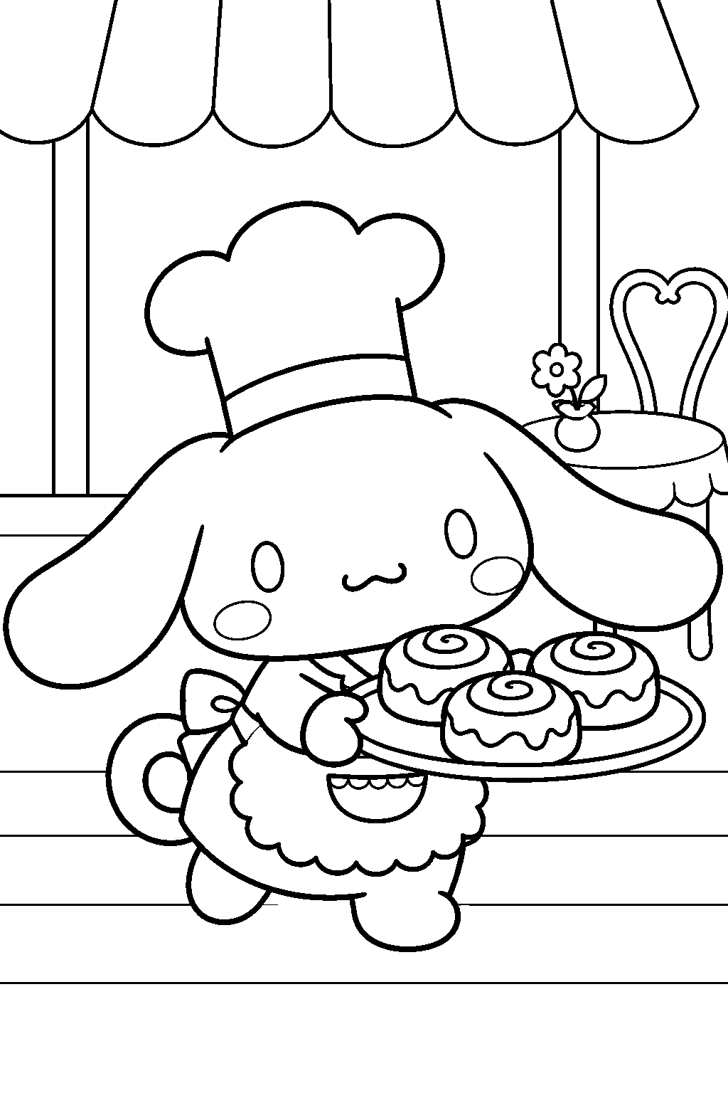 cinnamoroll serving cinnamon rolls at cafe cinnamon line art