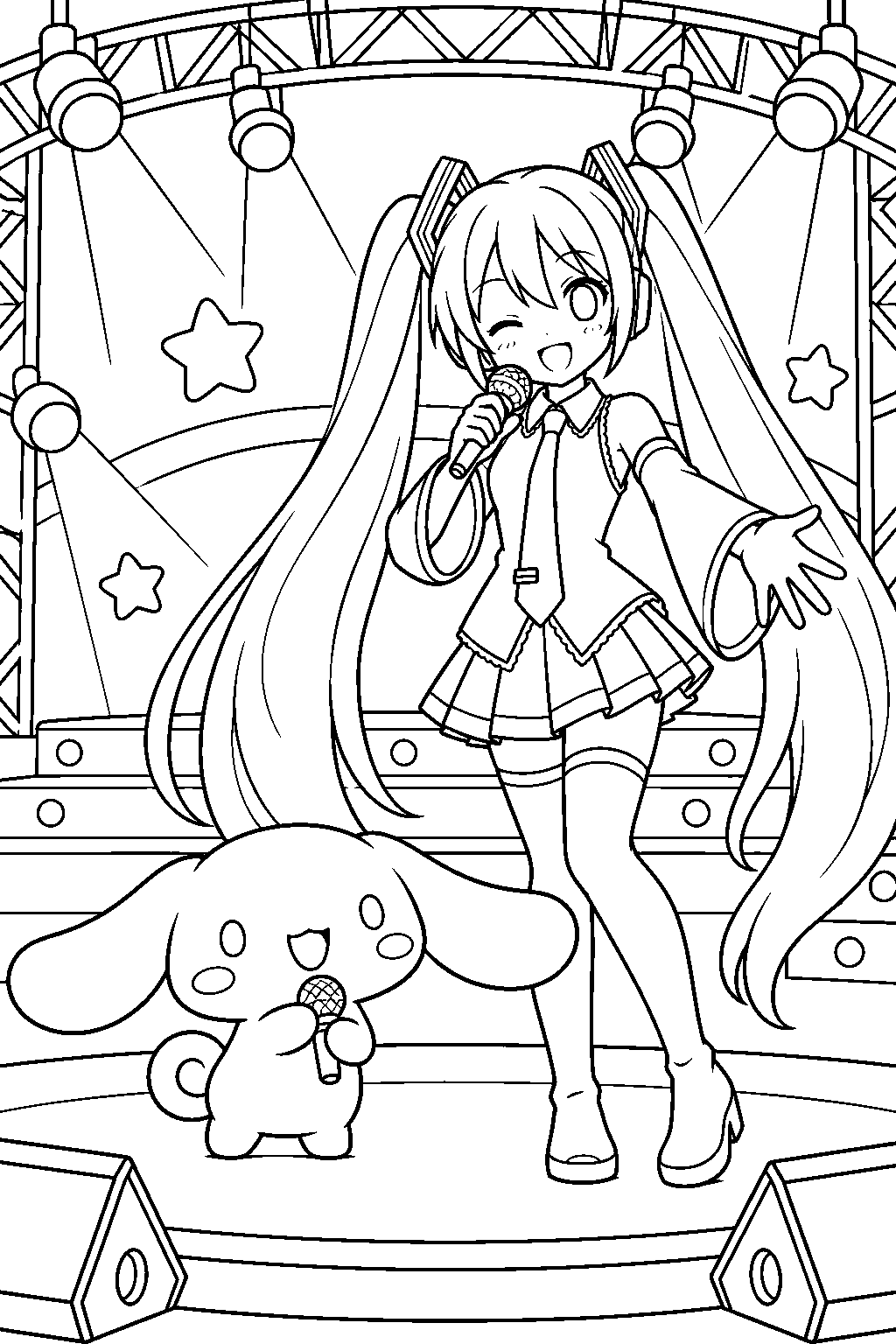 cinnamoroll singing with hatsune miku on a concert stage line art