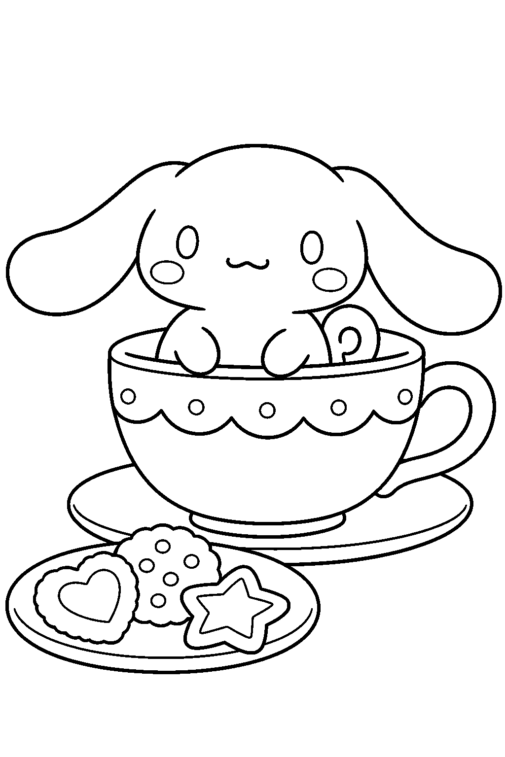 cinnamoroll sitting inside a teacup beside a plate of cookies line art