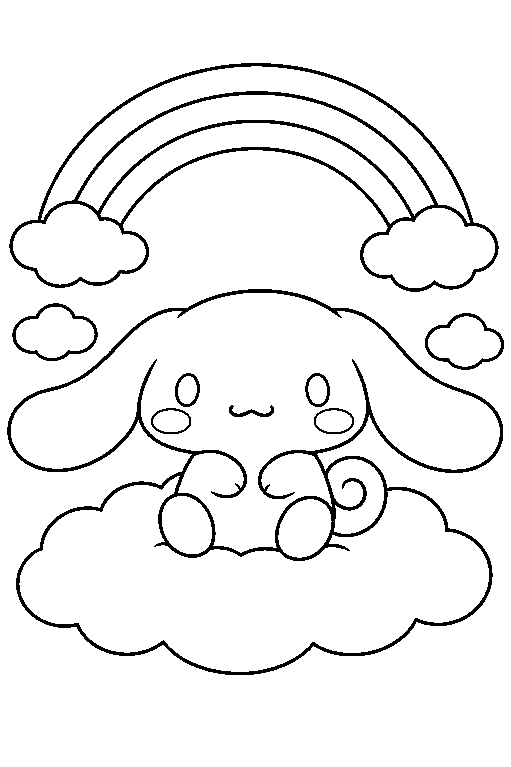 cinnamoroll sitting on a fluffy cloud beneath a rainbow line art