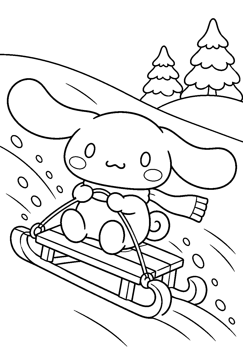 cinnamoroll sledding down a snowy hill line art