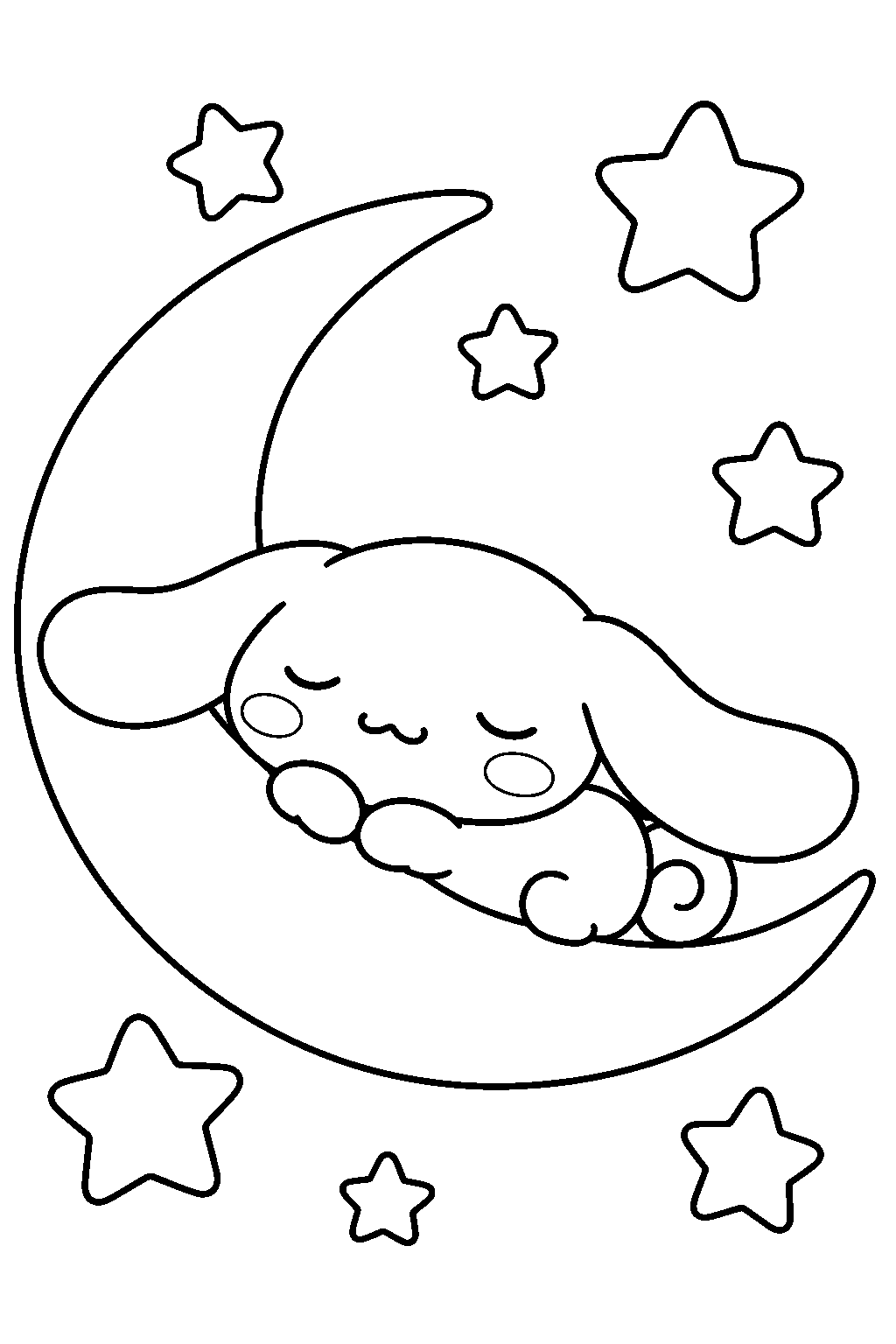 cinnamoroll sleeping on a crescent moon among stars line art