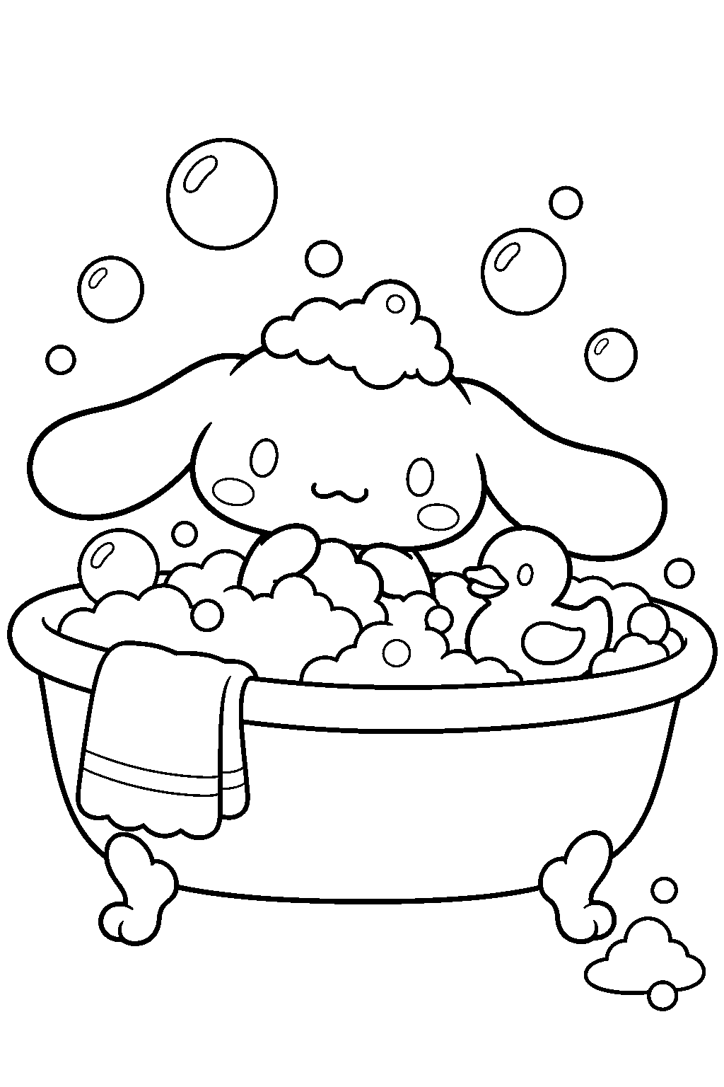 cinnamoroll taking a bubble bath with a rubber duck line art