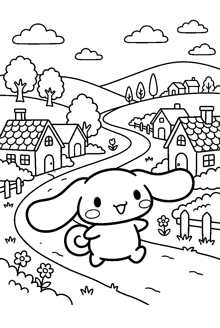 cinnamoroll walking in countryside village line art