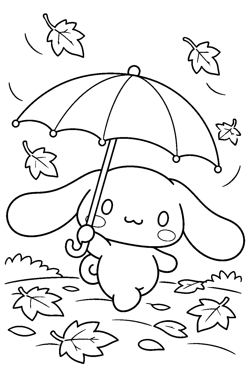 cinnamoroll walking through autumn leaves with an umbrella line art