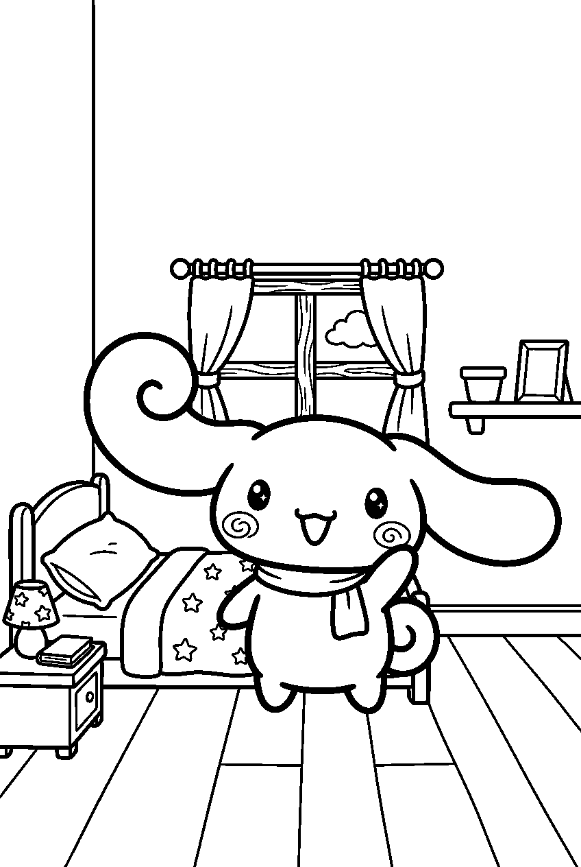 cinnamoroll waving in cozy bedroom line art