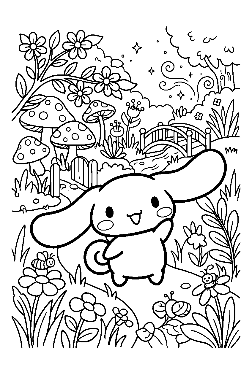 cinnamoroll waving in enchanted garden line art