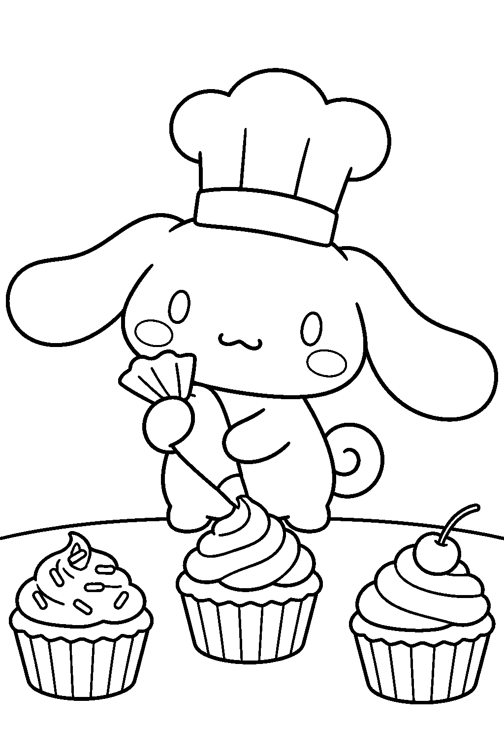 cinnamoroll wearing a chef s hat and decorating cupcakes line art