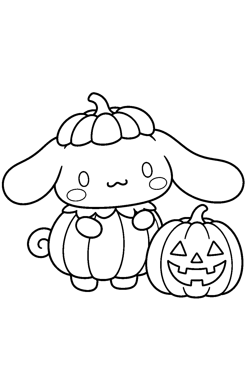 cinnamoroll wearing a pumpkin costume beside a jack o lantern line art