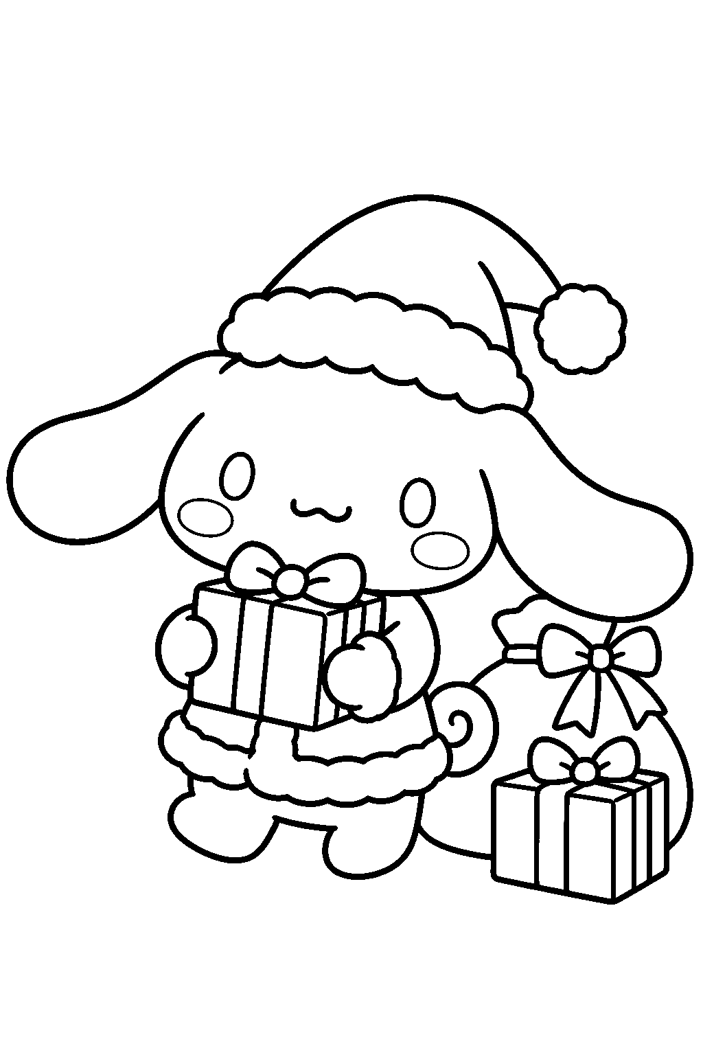 cinnamoroll wearing a santa hat and delivering christmas presents line art