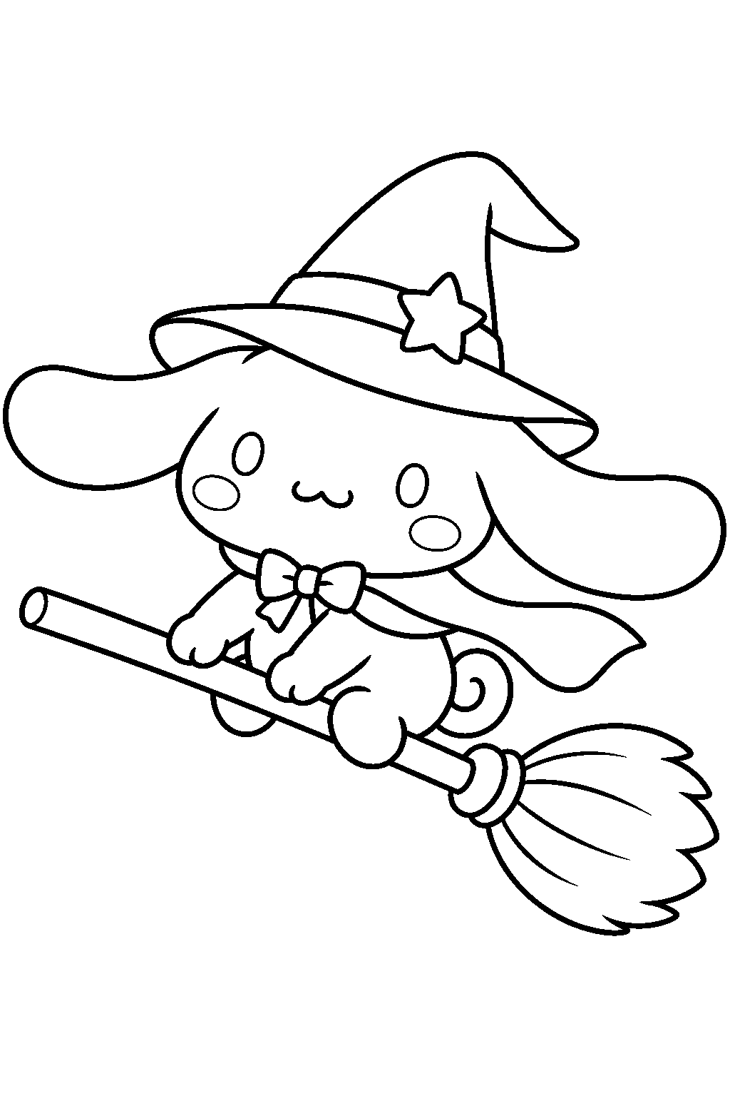 cinnamoroll wearing a witch hat and flying on a broom line art