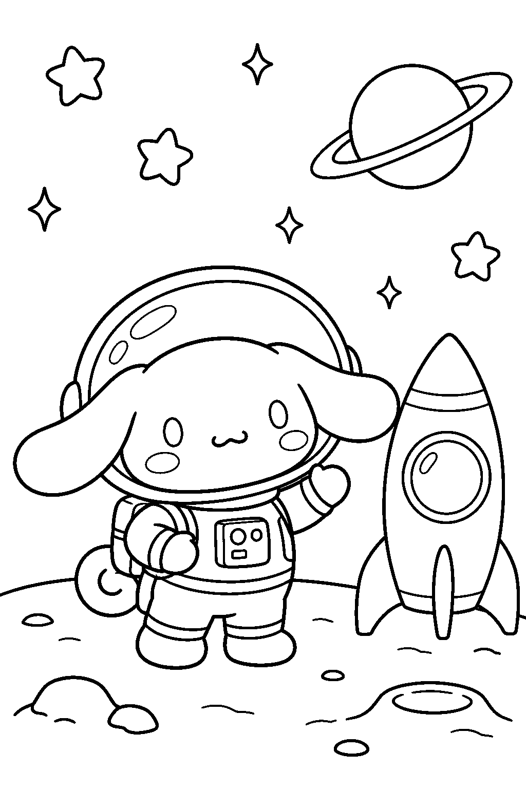 cinnamoroll wearing an astronaut suit beside a rocket line art