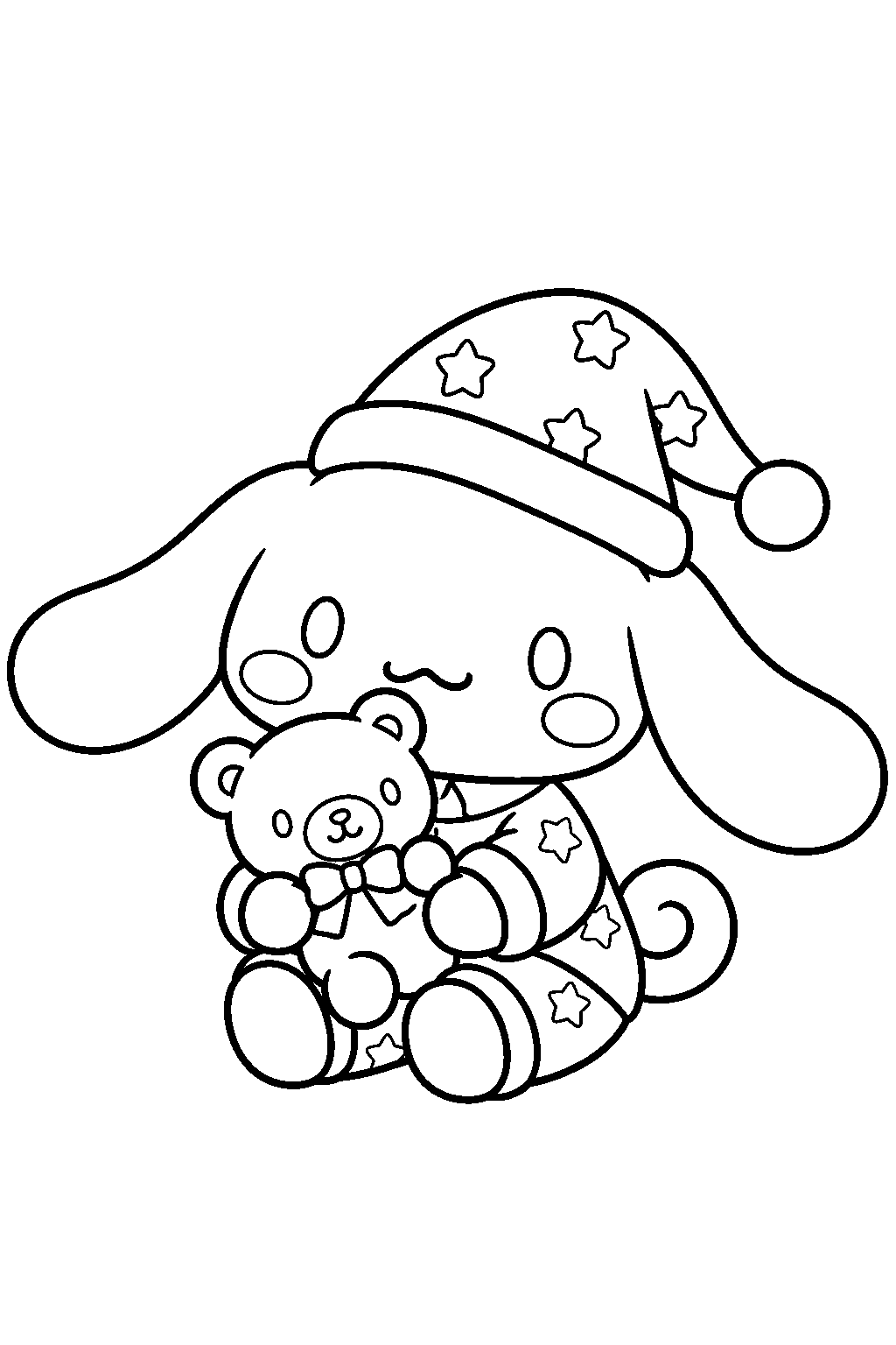 cinnamoroll wearing pajamas and hugging his teddy bear line art