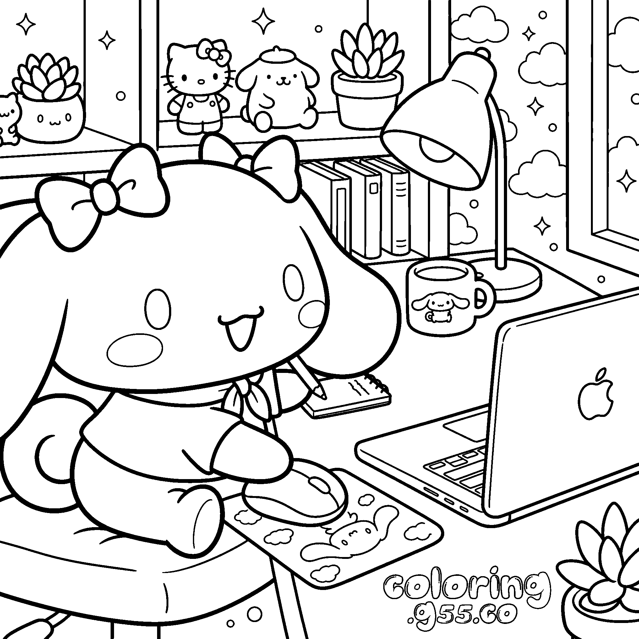 cute cinnamoroll working at desk line art