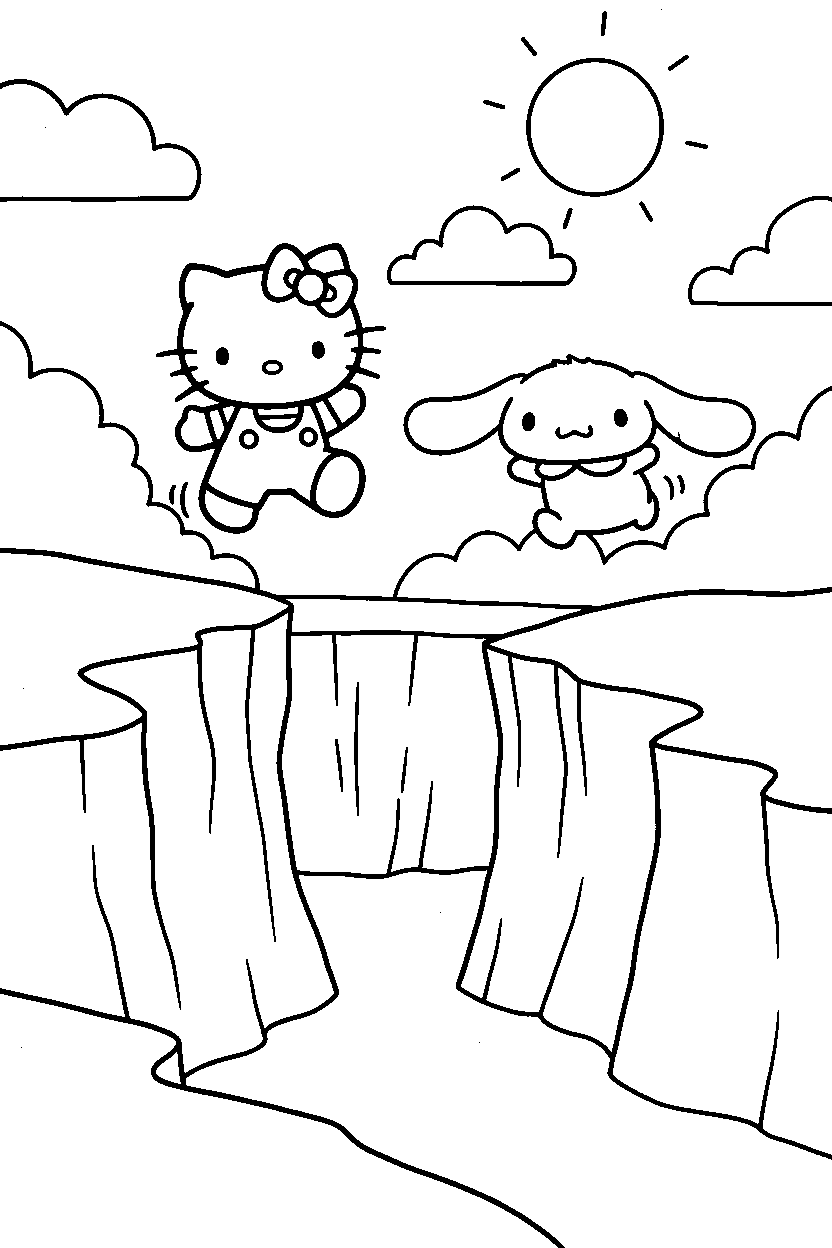 hello kitty cinnamoroll jumping in ravine line art