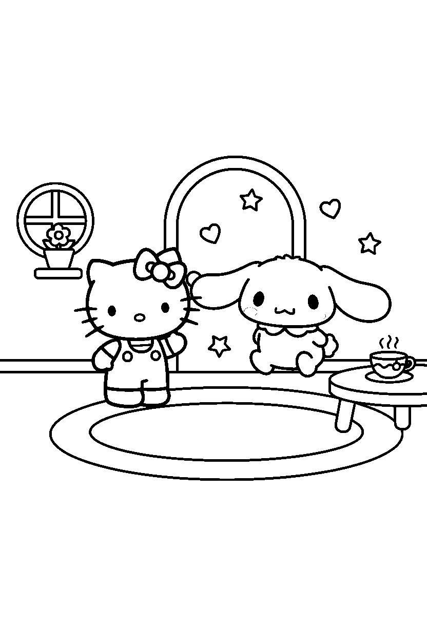 hello kitty cinnamoroll looking around in house line art