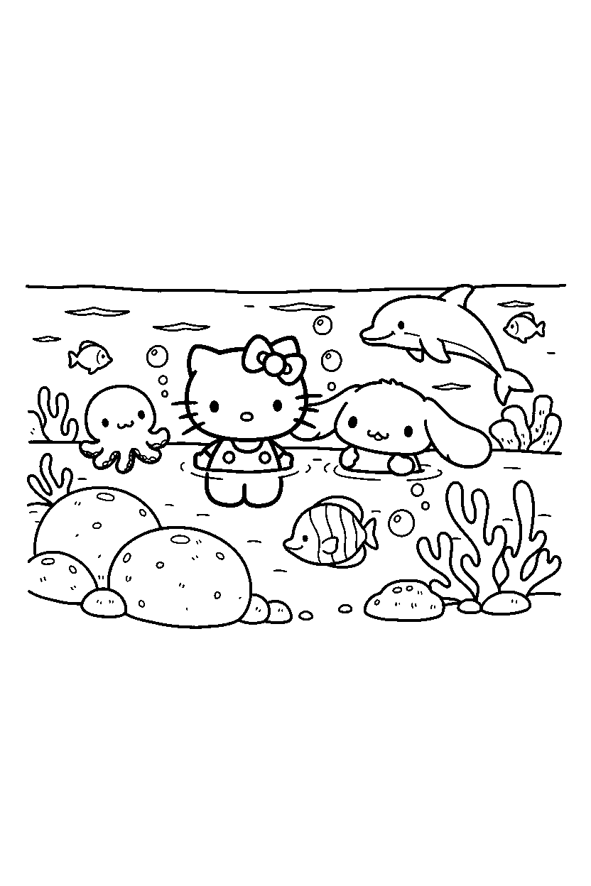 hello kitty cinnamoroll observing in ocean line art