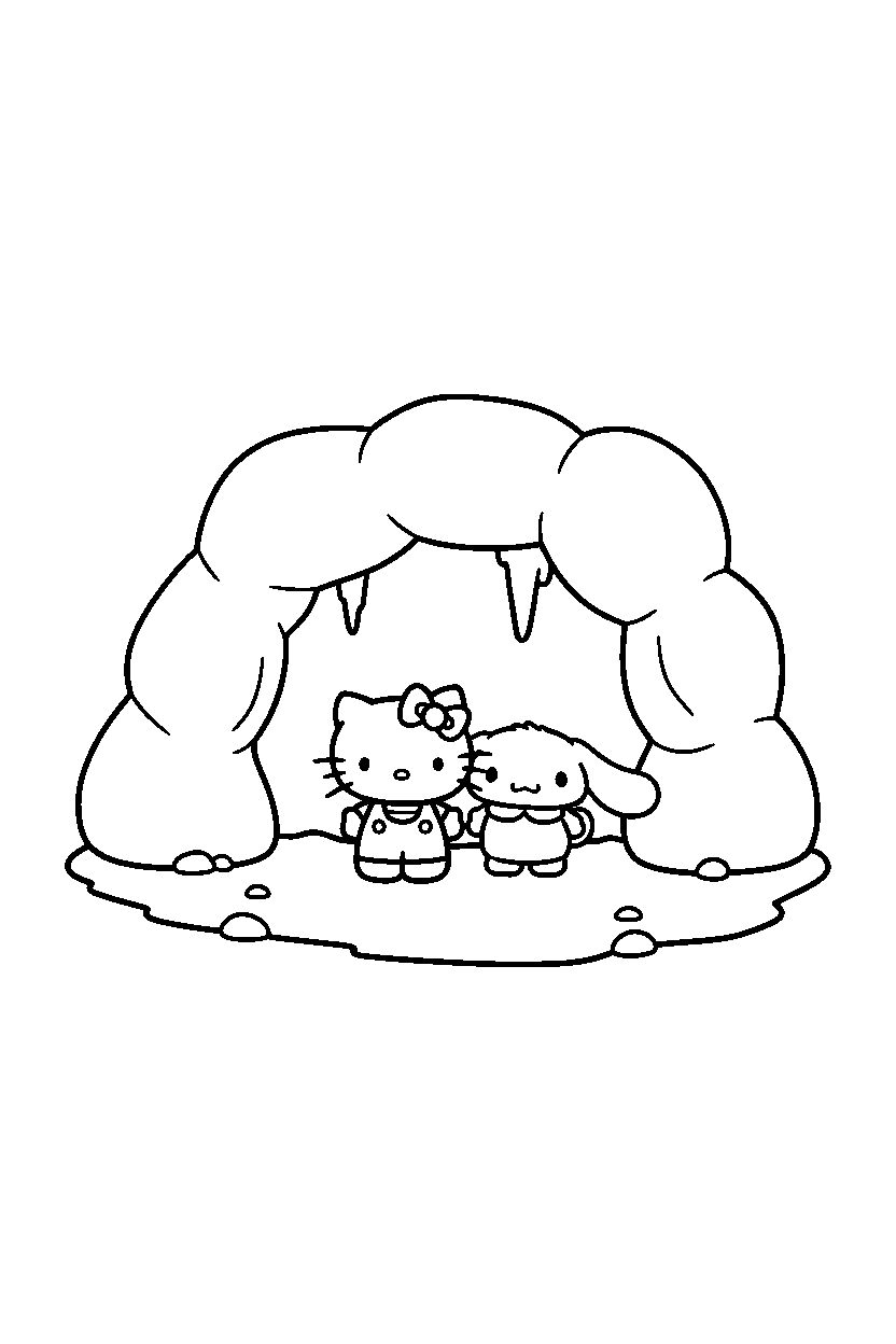 hello kitty cinnamoroll posing in cave line art
