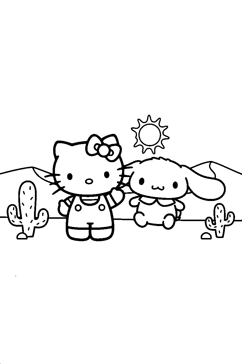 hello kitty cinnamoroll posing in desert line art