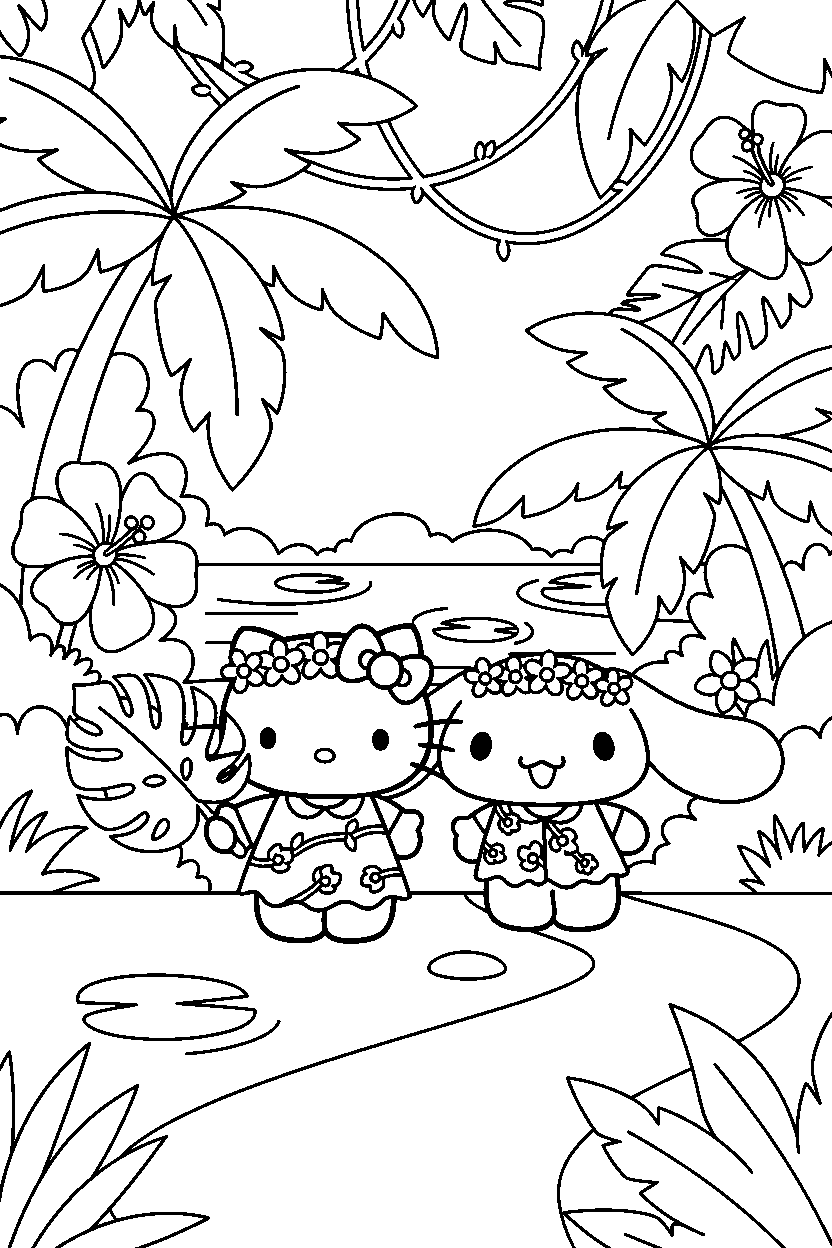 hello kitty cinnamoroll posing in jungle line art