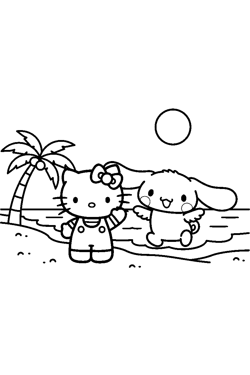 hello kitty cinnamoroll posing on beach line art