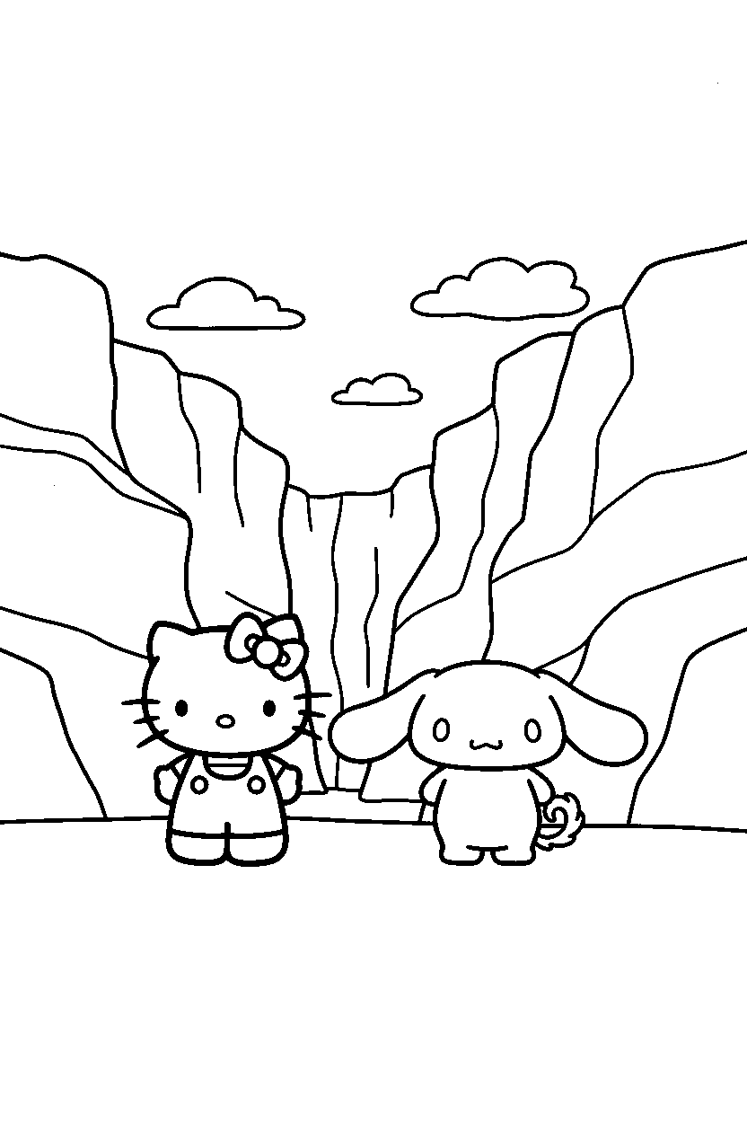 hello kitty cinnamoroll standing confidently in canyon line art
