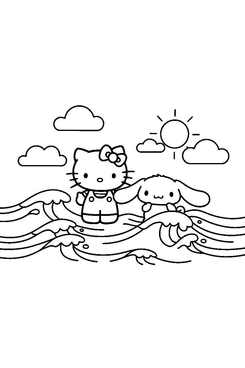 hello kitty cinnamoroll standing in ocean line art