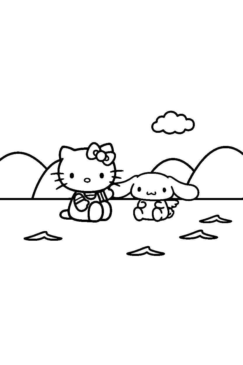 hello kitty cinnamoroll watching by water line art