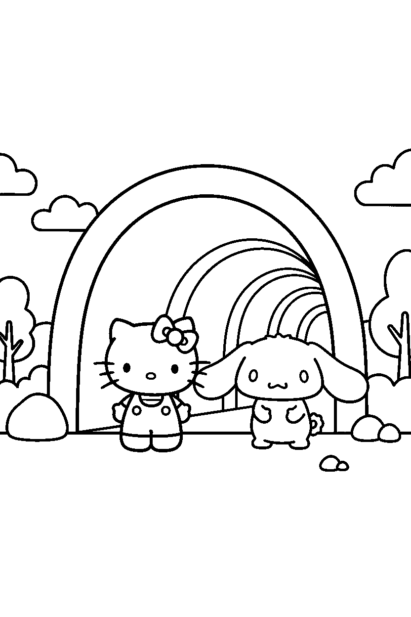 hello kitty cinnamoroll watching in tunnel line art