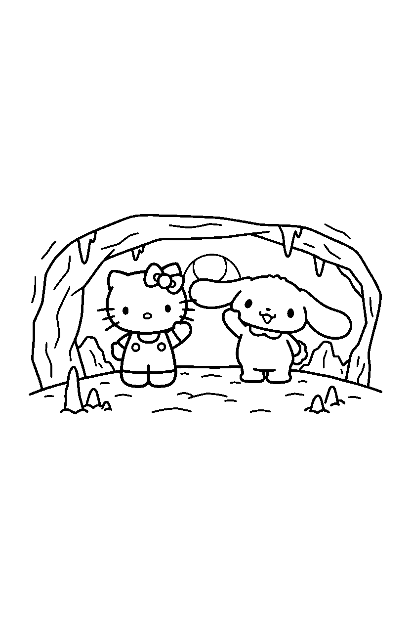 hello kitty cinnamoroll waving in underground cave line art