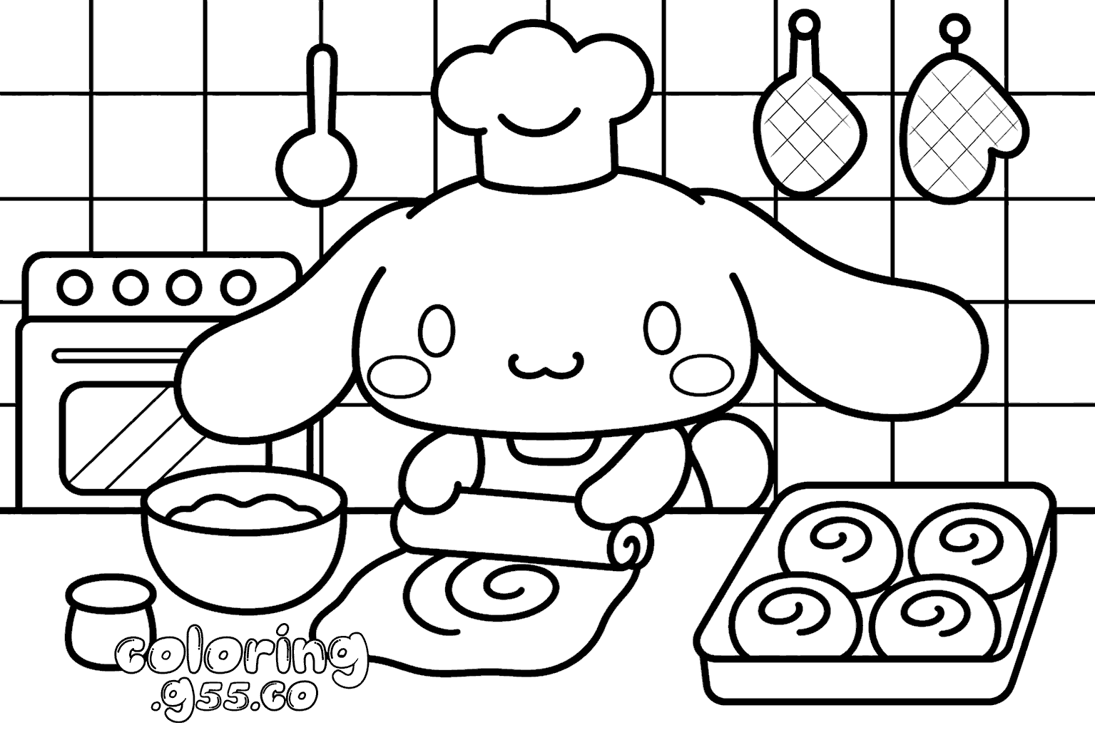 hello kitty friends cinnamoroll bakery chef baking cinnamon rolls line art for kids
