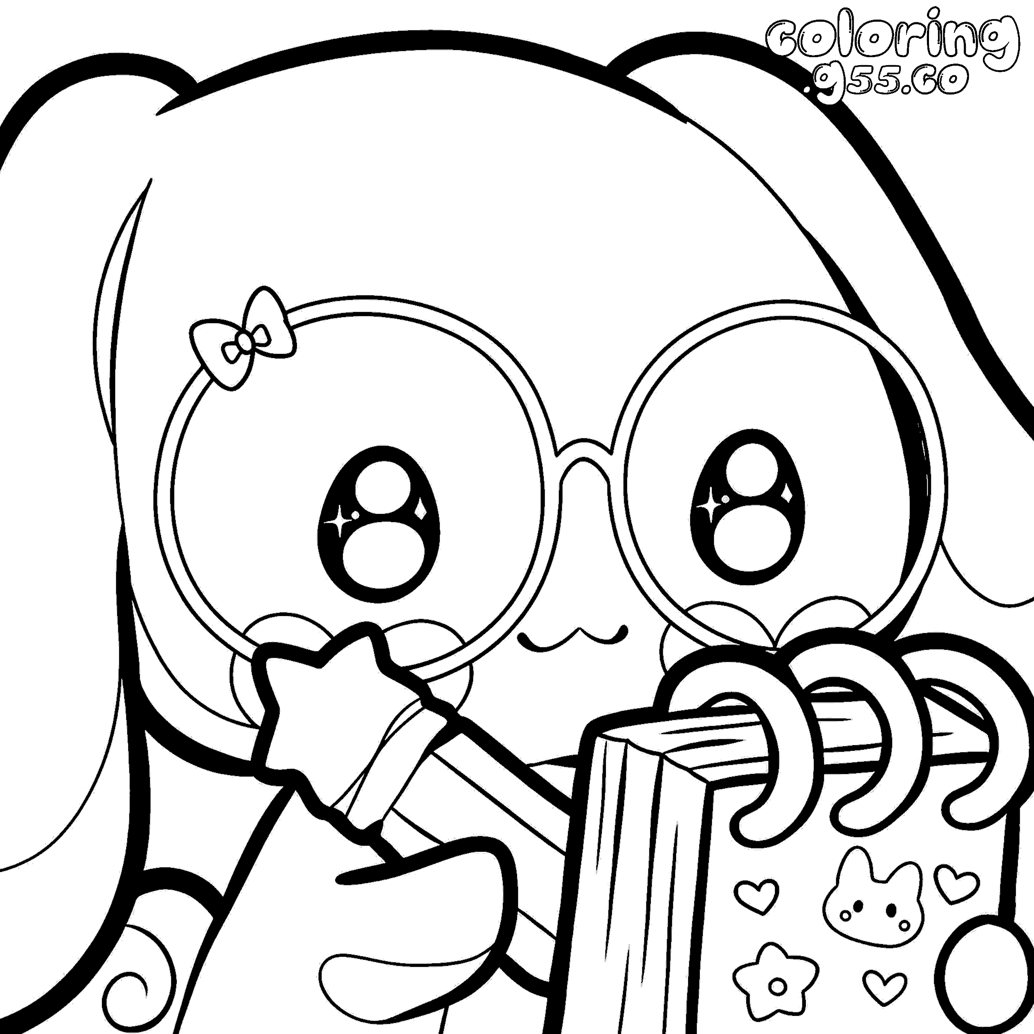 hello kitty friends cinnamoroll huge glasses writing in notebook line art for kids