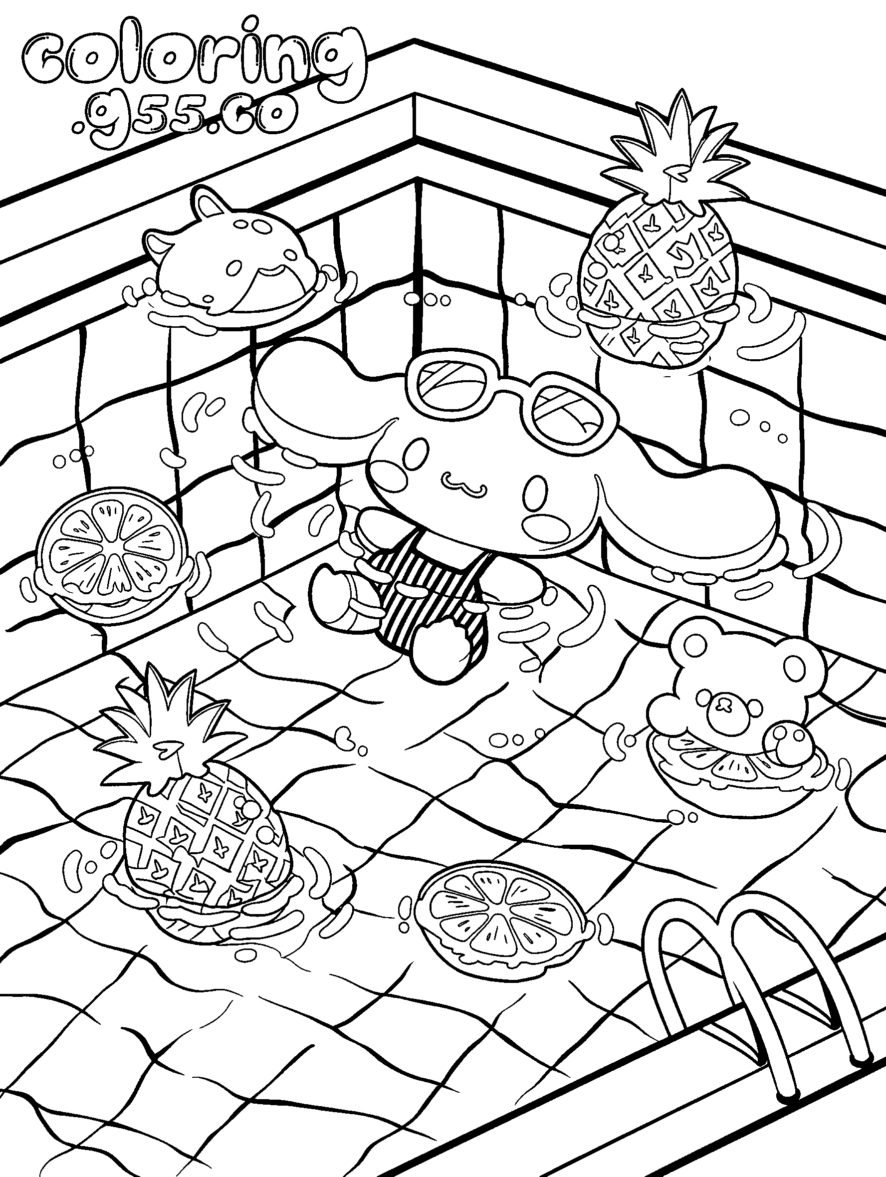 hello kitty friends cinnamoroll summer pool party line art for kids