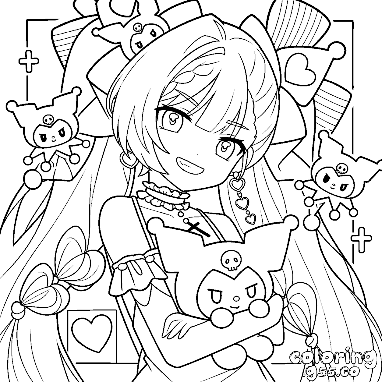 anime girl holding kuromi plush hello kitty friends line art for kids