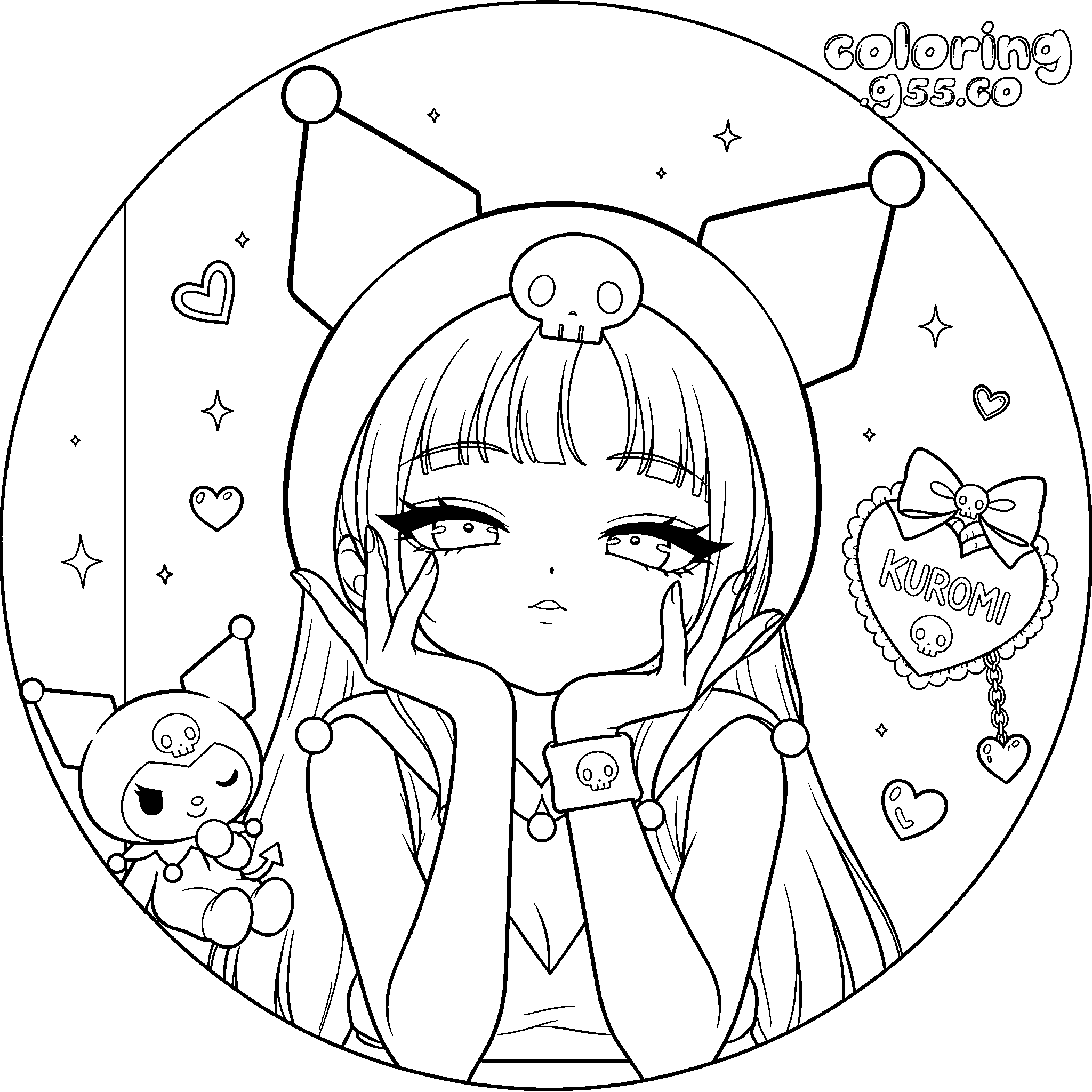 anime girl kuromi hat circular portrait hello kitty friends line art for kids
