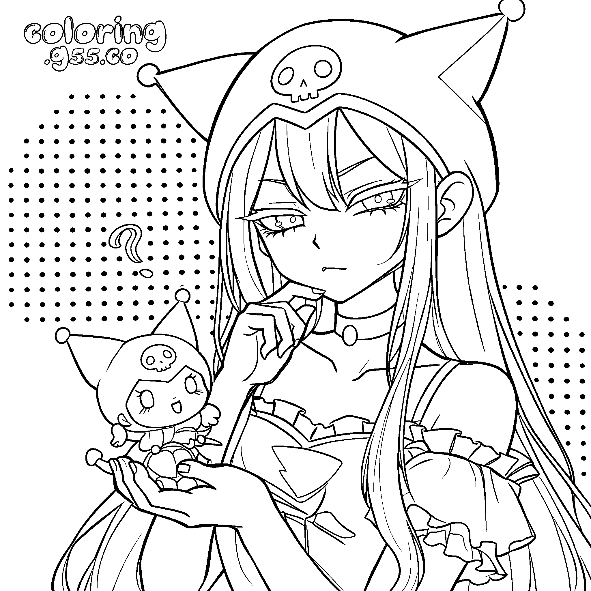 cool anime girl in kuromi hood holding plushie hello kitty friends line art for kids