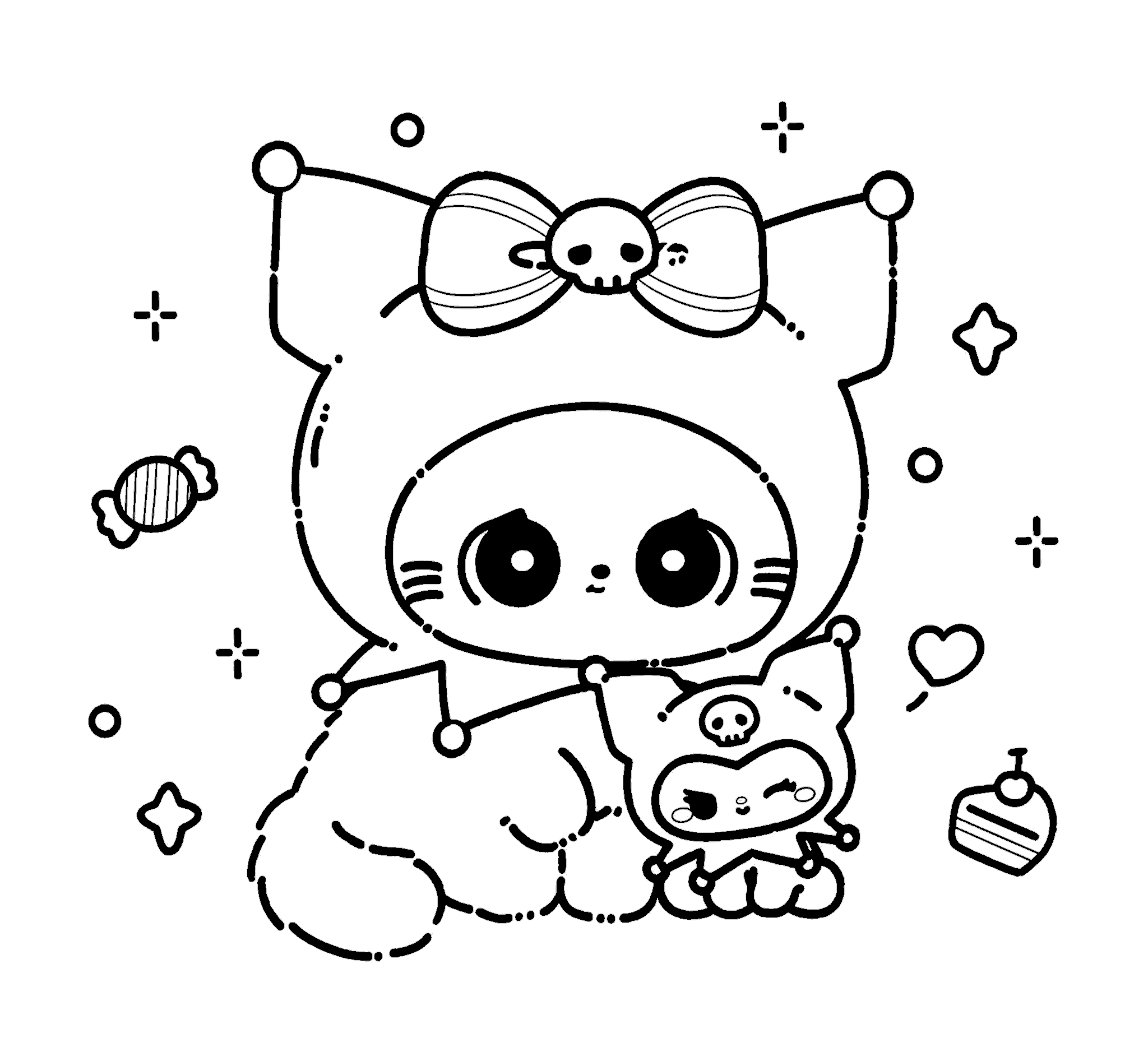 hello kitty friends cute cat in kuromi costume line art for kids