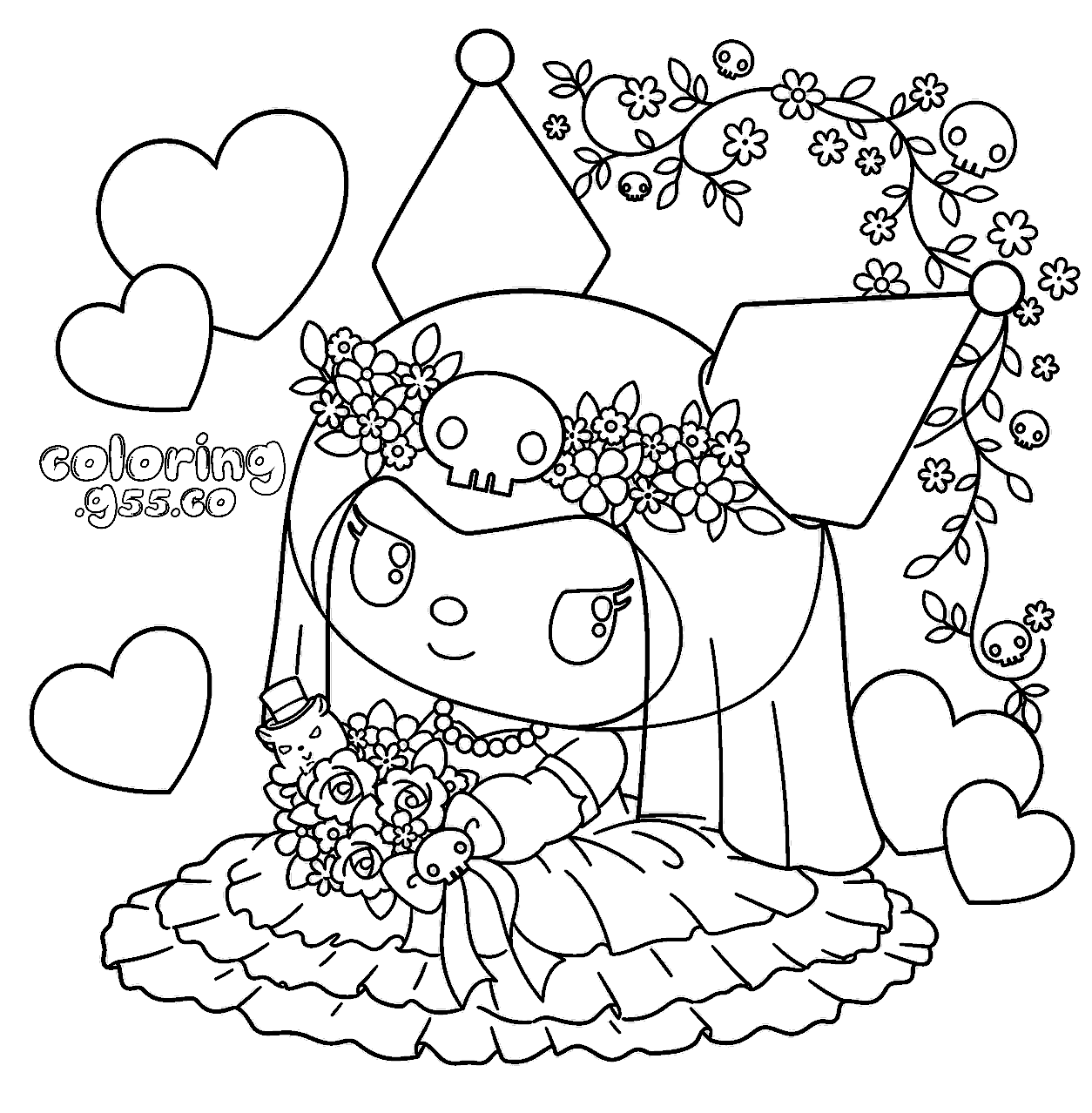 hello kitty friends kuromi bride floral crown flower arch line art for kids