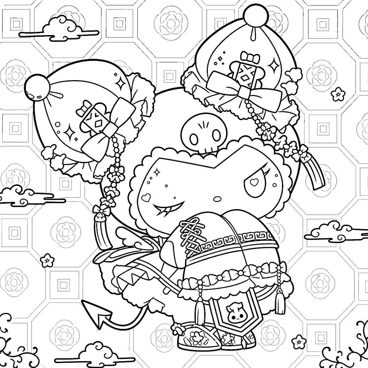 hello kitty friends kuromi chinese new year traditional dress line art for kids