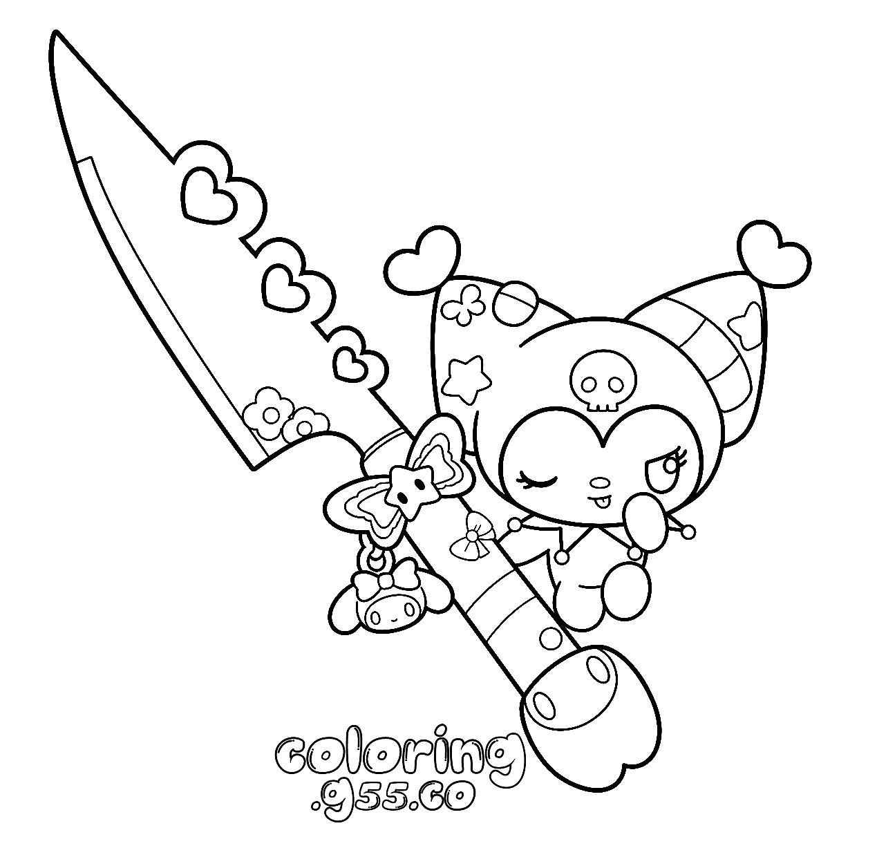 hello kitty friends kuromi holding cute decorated sword line art for kids
