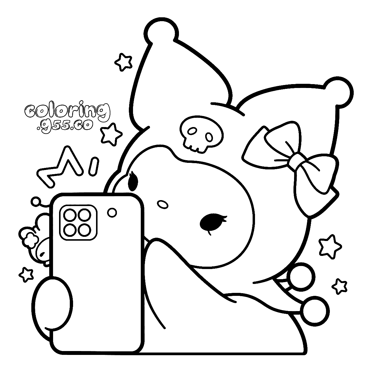 hello kitty friends kuromi taking smartphone selfie line art for kids