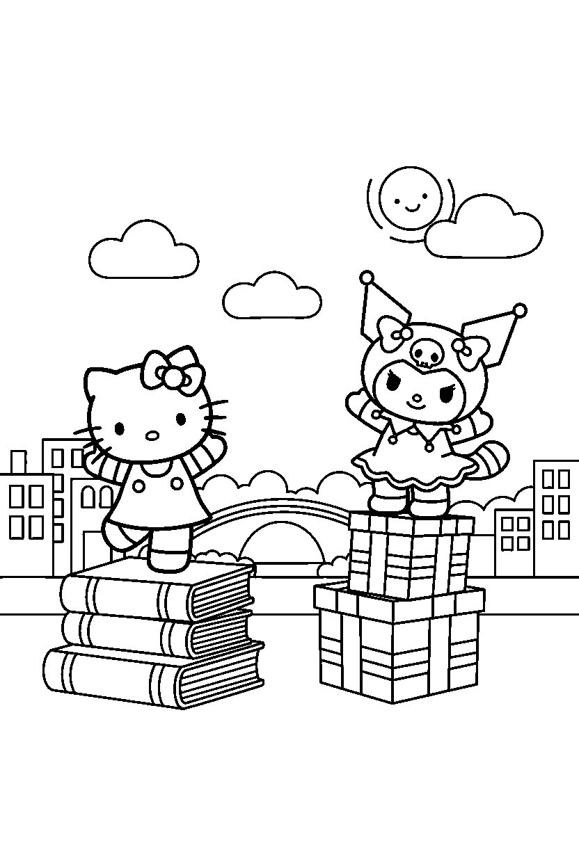 hello kitty kuromi balancing in town line art