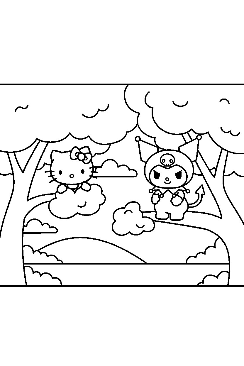 hello kitty kuromi observing in trees line art